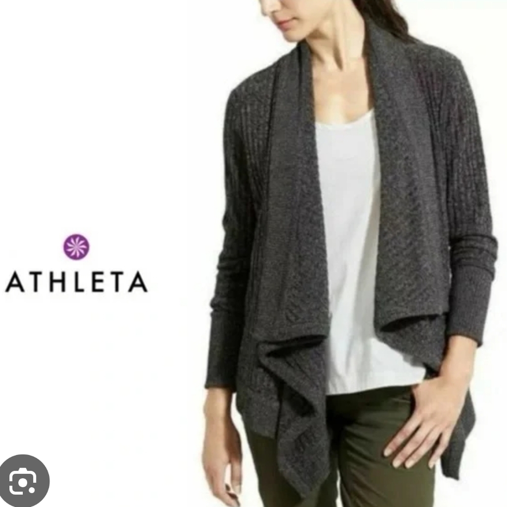 Athleta WILTON Black Knit Woven Crotchet Cardigan Shawl Collar Waterfall SWEATER